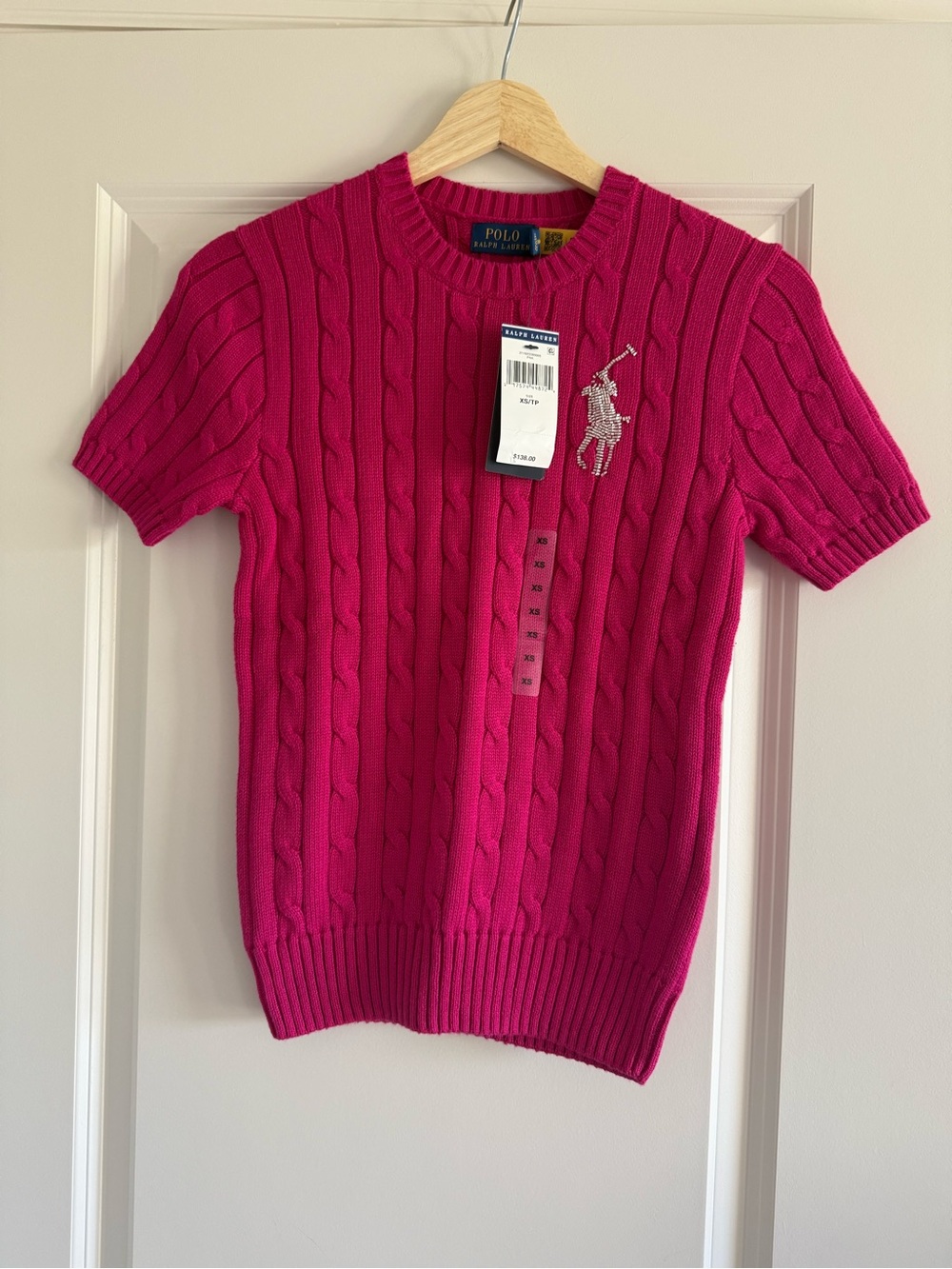 NWT Polo Ralph Lauren Sweater Pink Cable Knit Beaded Big Pony Logo XS